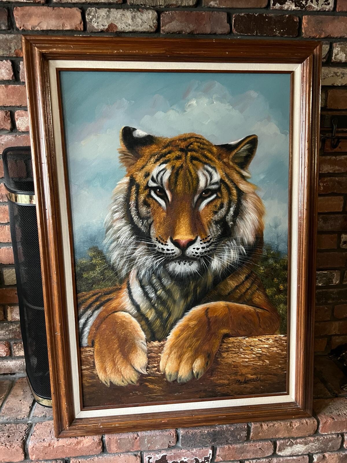 Vintage Tiger Oil Painting Framed Realism Style Bold Wildlife Art Mid Century Wall Decor Statement Animal Nature Lover Home Accent Piece
