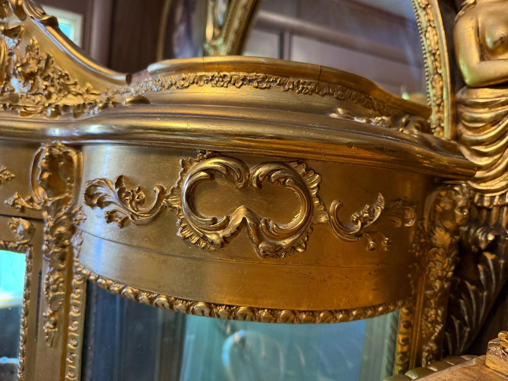 Victorian Wood Gilded Glass Display Cabinet Curved Glass Antique Showcase Shelves Gold Trimmed Curio Cherub Home Decor Elegant Accent Piece