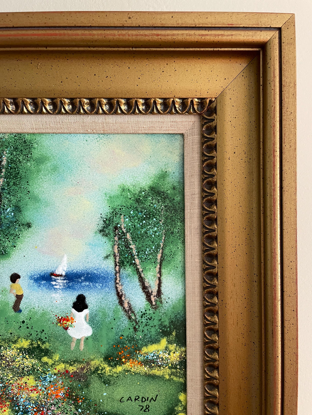Louis Cardin Signed Original 1978 Artwork Framed Impressionist Painting Enamel Nature Scene Collectible Wall Art Certified Vintage Frame Art