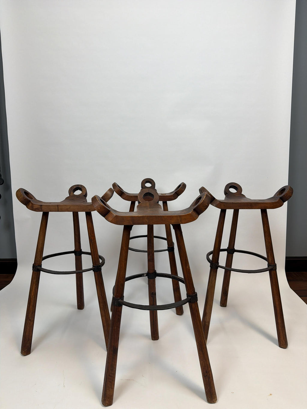 Antique Wood Iron Bar Stools, Set of 4, Rustic Farmhouse Saddle Stools