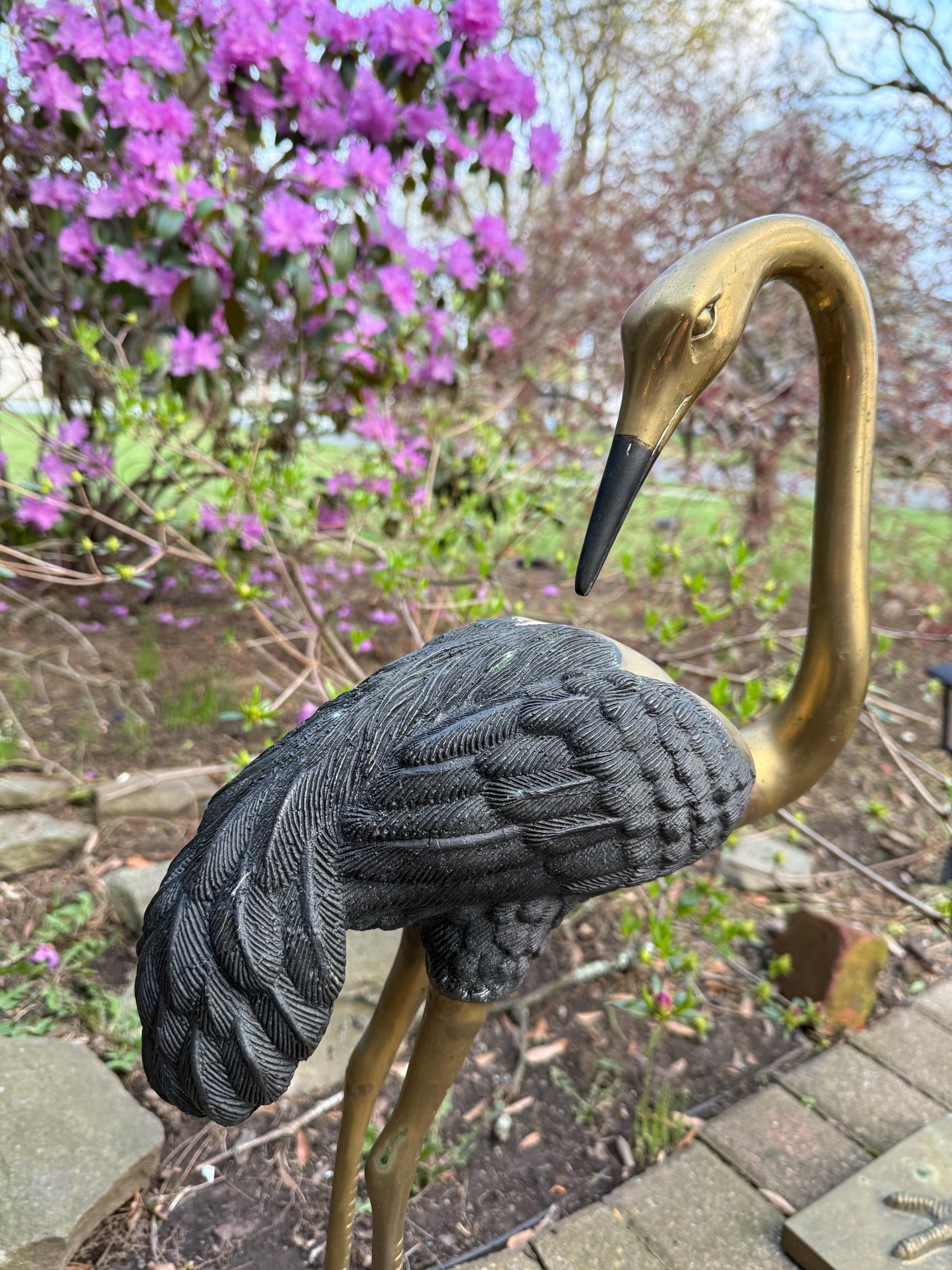 Vintage Boho Brass & Pewter Gold Black Crane Statues Tall Garden Heron Sculptures Bird Sculptures Garden / Fireplace Decor Home Decoration