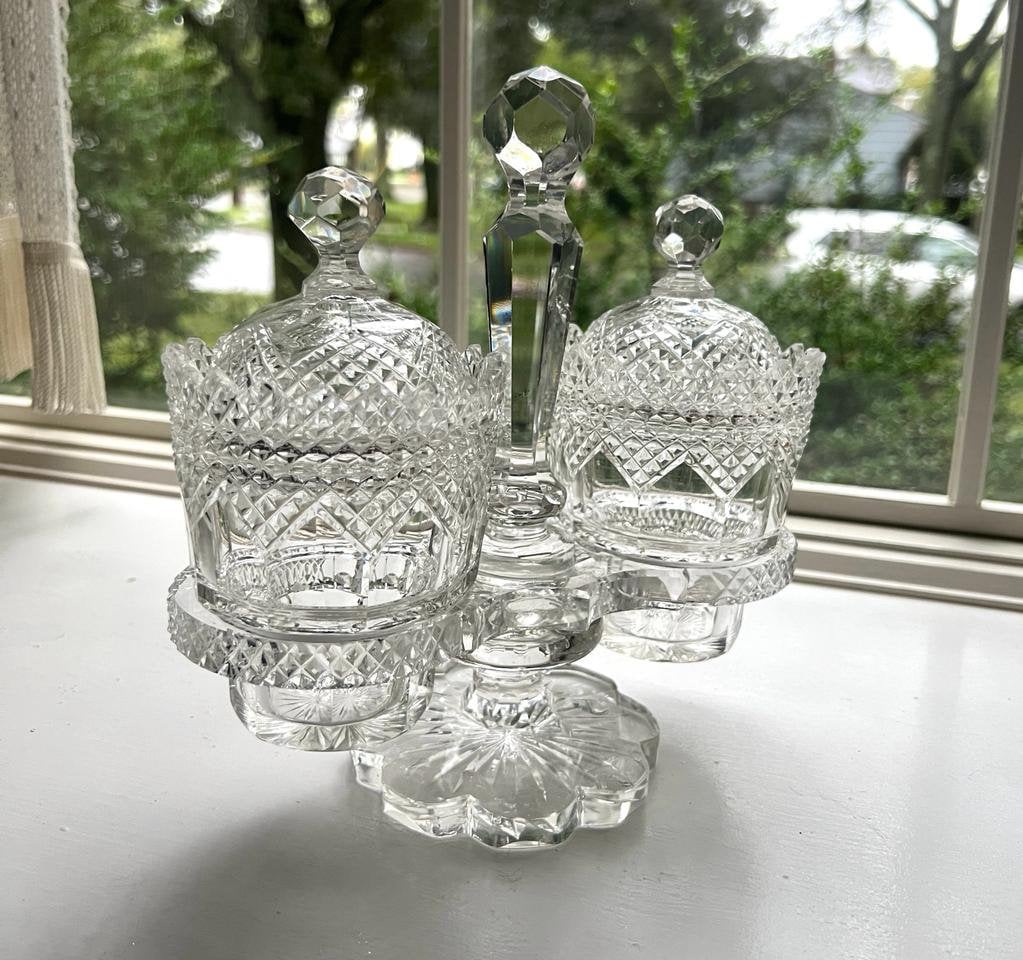Vintage Crystal Condiment Server Cut Glass Dish Set Pedestal Footed Jam Jar Elegant Tableware Mid Century Kitchen Decor Entertaining Piece