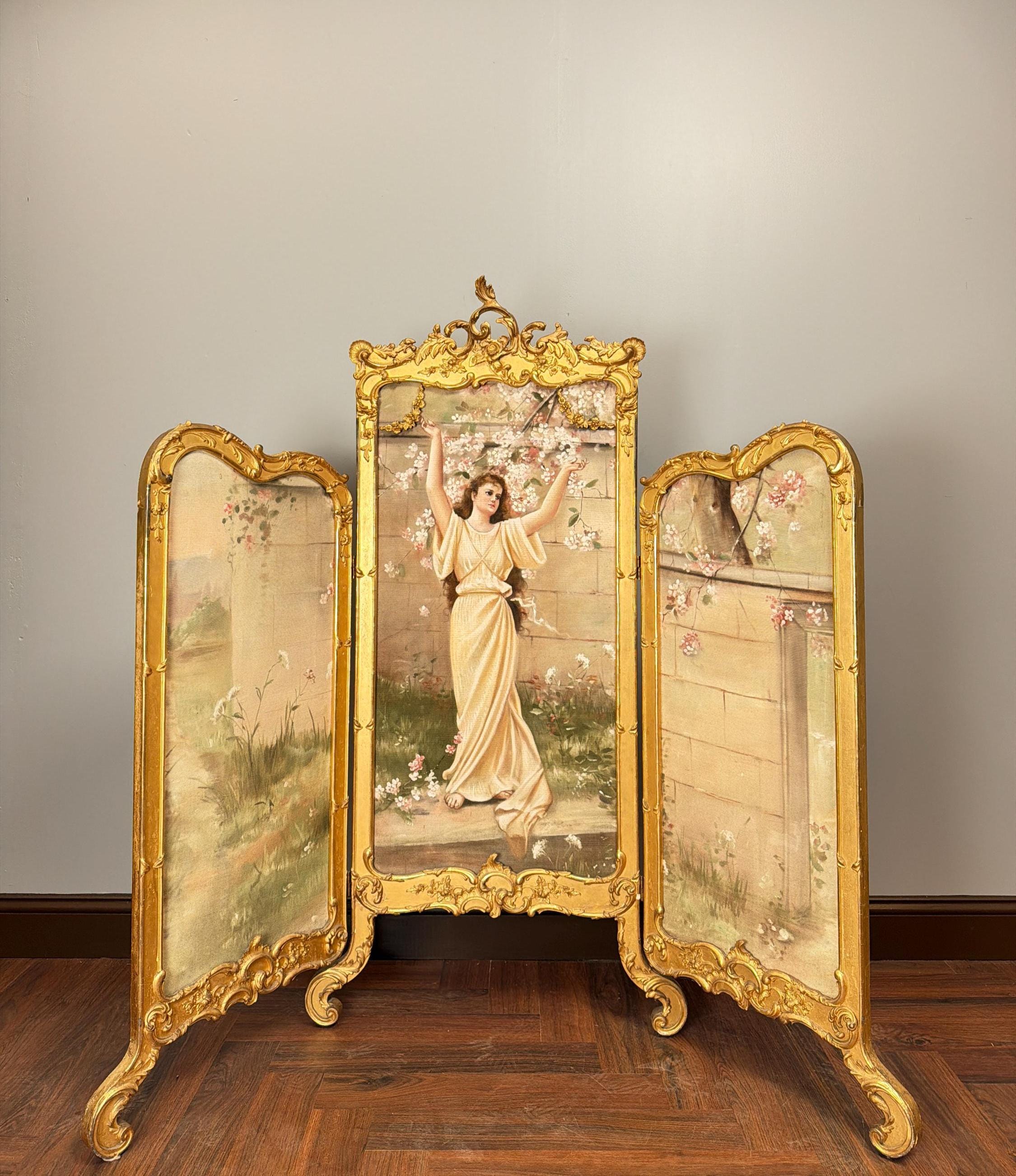 Antique French Rococo Folding Screen: Hand-Painted Silk Panels, Gilt Wood Louis XV Style