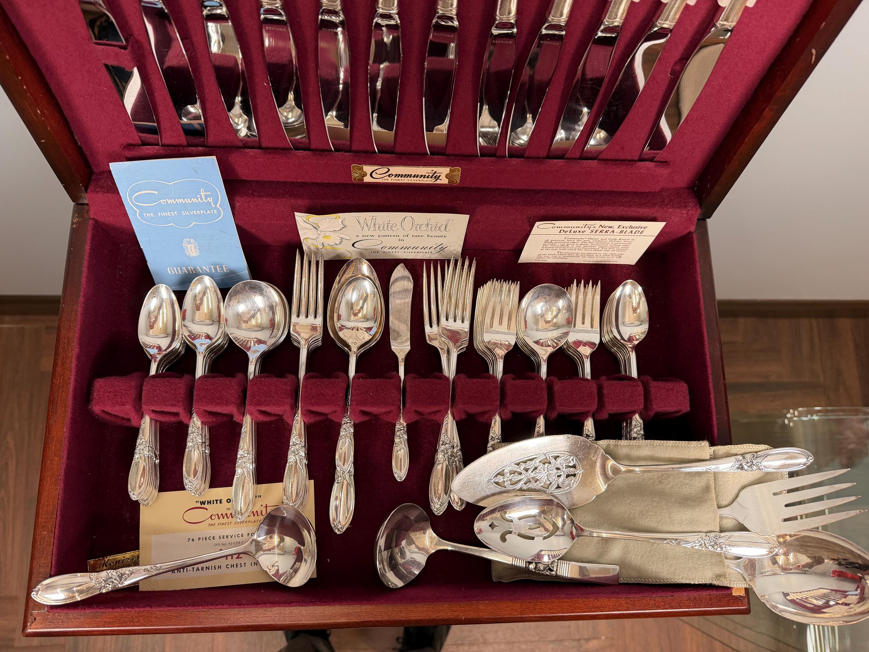 Vintage Community Plate White Orchid Silverplate Flatware Set in Original Wood Chest 76 Piece Floral Service