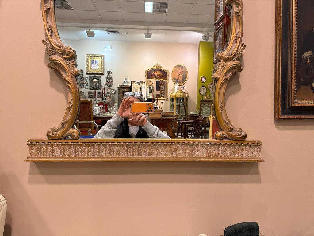 Large French Rococo Gilt Wall Mirror, Figural Print, Baroque Revival Style with Marble Stand