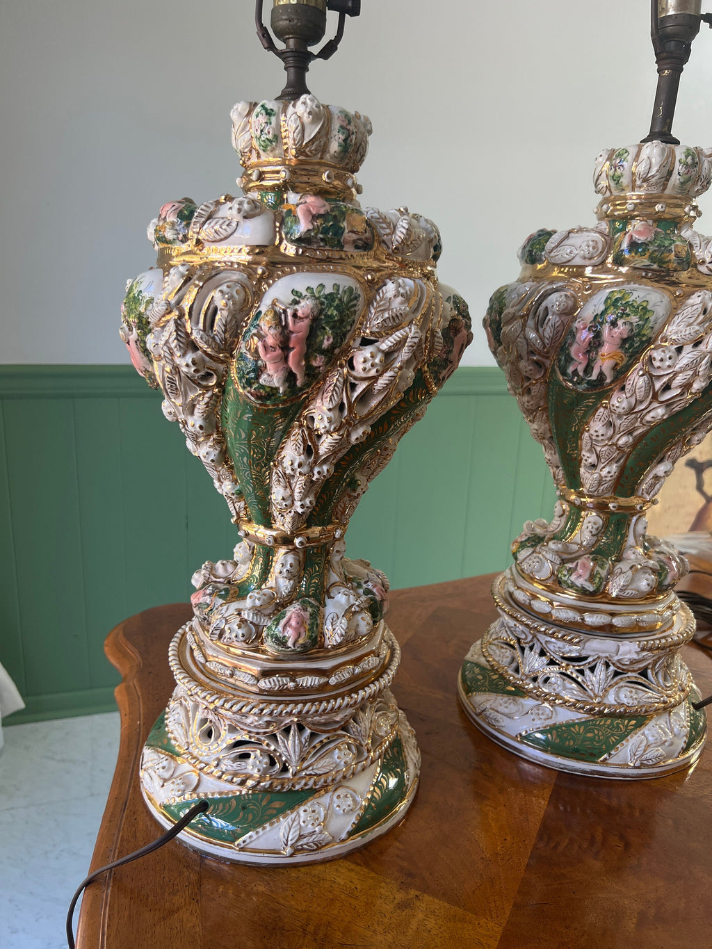 Pair Of Italian Baroque Style Cherub Porcelain Lamps Hand Painted Gilded Rococo Design Signed Brunocrafts Table Lighting Accent Decoration