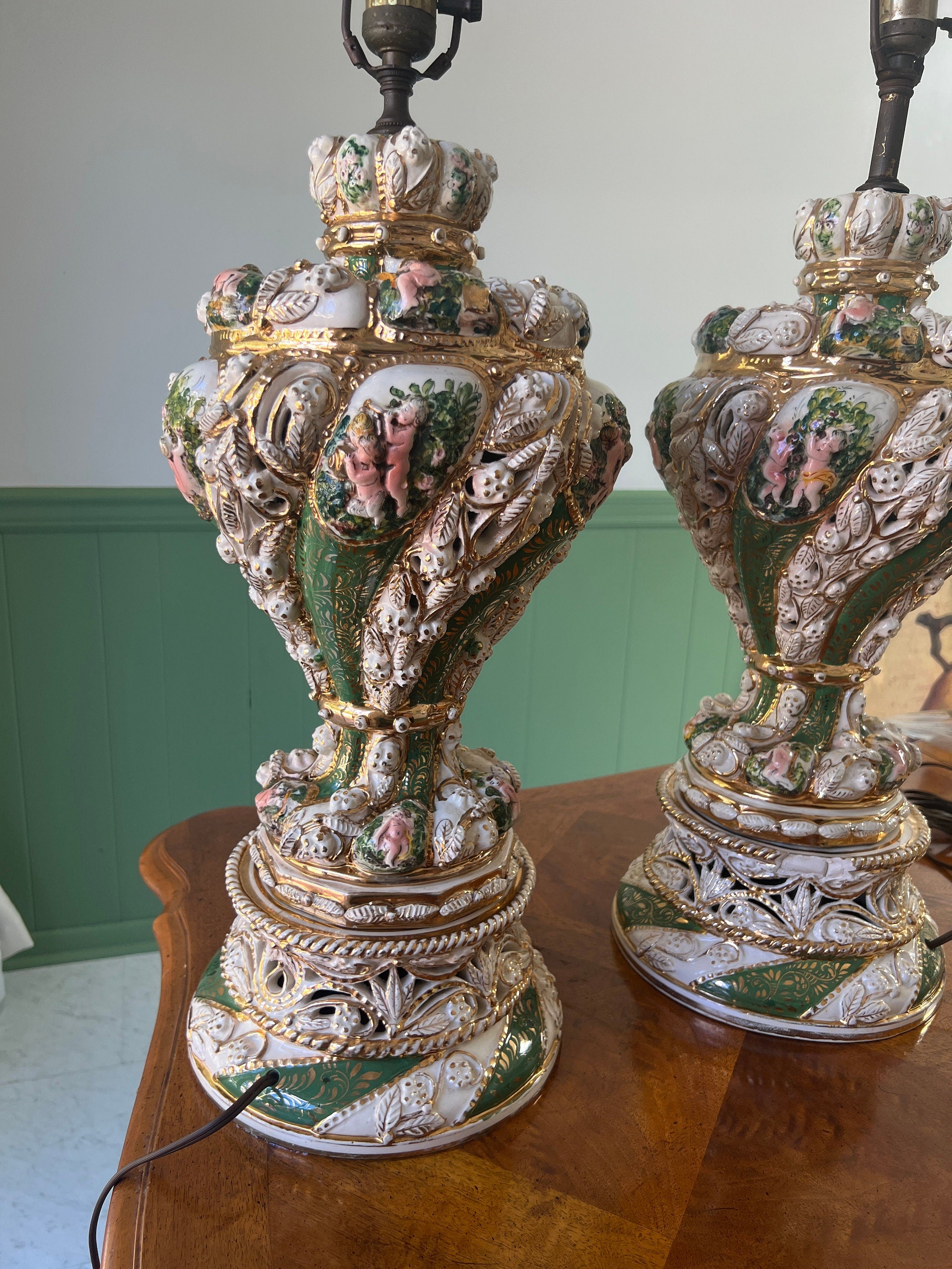 Pair Of Italian Baroque Style Cherub Porcelain Lamps Hand Painted Gilded Rococo Design Signed Brunocrafts Table Lighting Accent Decoration