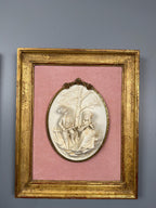 Antique Bisque Porcelain Wall Plaques Pair, French Rococo Gilt Framed Romantic Scene Panels