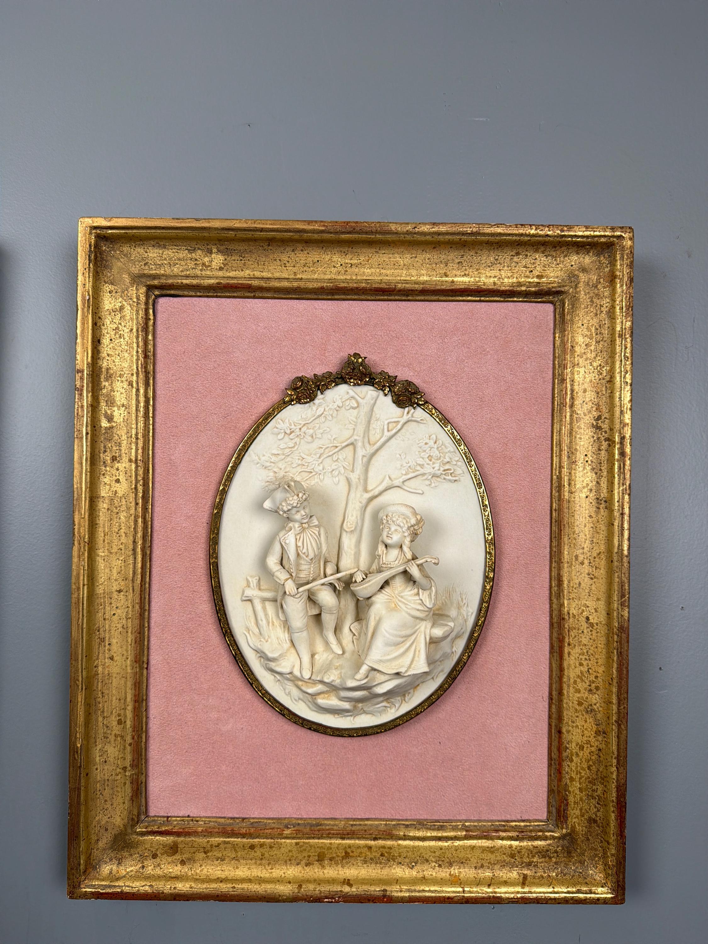 Antique Bisque Porcelain Wall Plaques Pair, French Rococo Gilt Framed Romantic Scene Panels