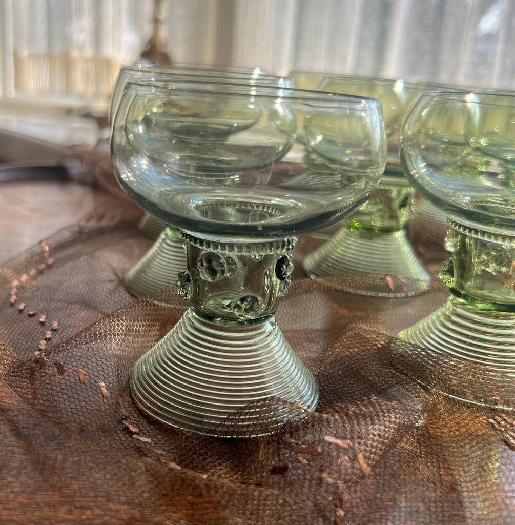 Vintage Hand Blown Green Glass Goblets Textured Stemmed Dessert Cups Set Elegant Tableware Artisanal Glassware Mid Century Dining Decor