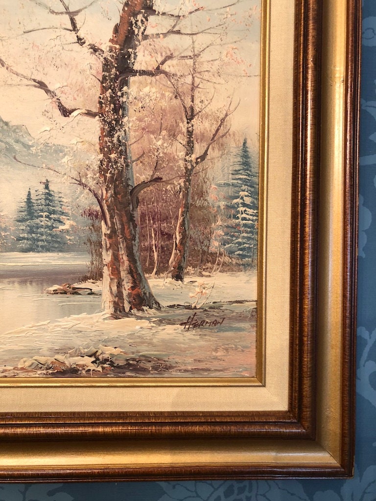 Vintage Oil Painting Winter Scene Snowy Art Landscape Wooden Framed Wall Art Gold / Brown Wood Frame Signed