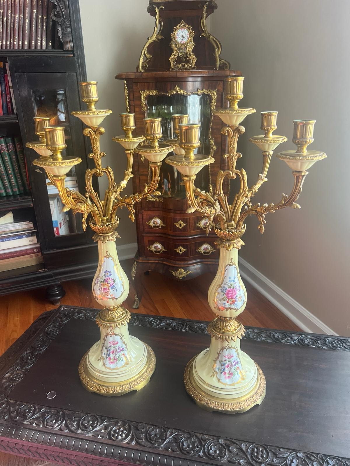 Antique French Candelabra Pair Porcelain Floral Gilt Bronze Five Arm Candle Holders Rococo Style Elegant Table Mantel Centerpiece Decor