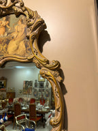 Large French Rococo Gilt Wall Mirror, Figural Print, Baroque Revival Style with Marble Stand