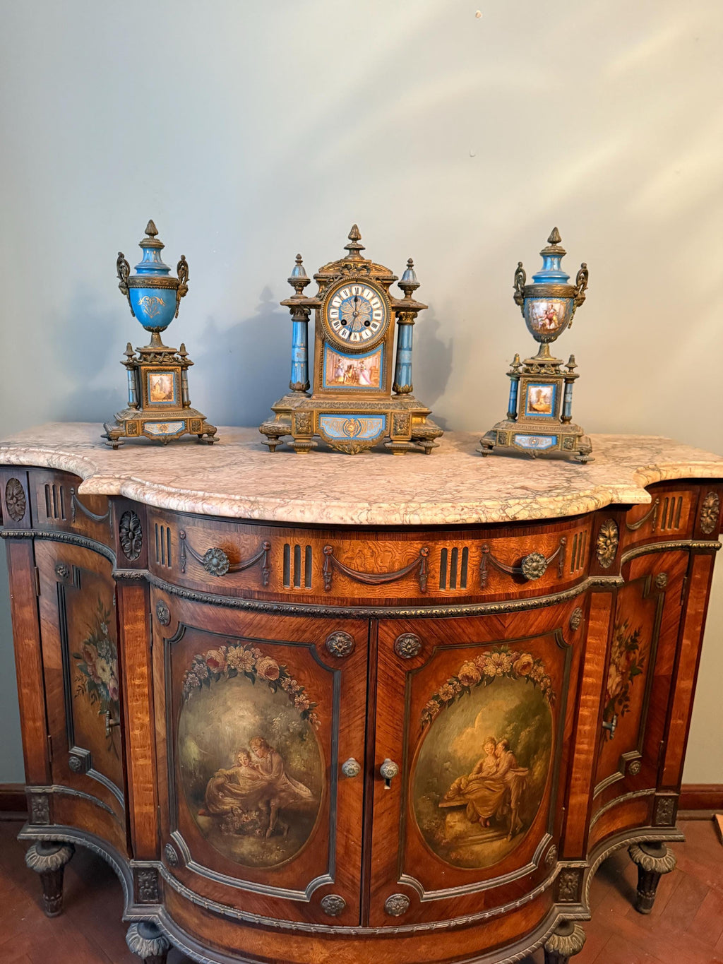Exquisite Antique French Sevres Blue Porcelain Gilt Bronze Clock Set Late 19th Century 3 Piece Mantel Garniture Hand Painted Romantic Scenes