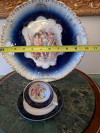 Antique Cobalt Blue Porcelain Tray Tea Cup Saucer Set Mythological Figures Hand Painted Gold Details Rococo Design European Collectible Art