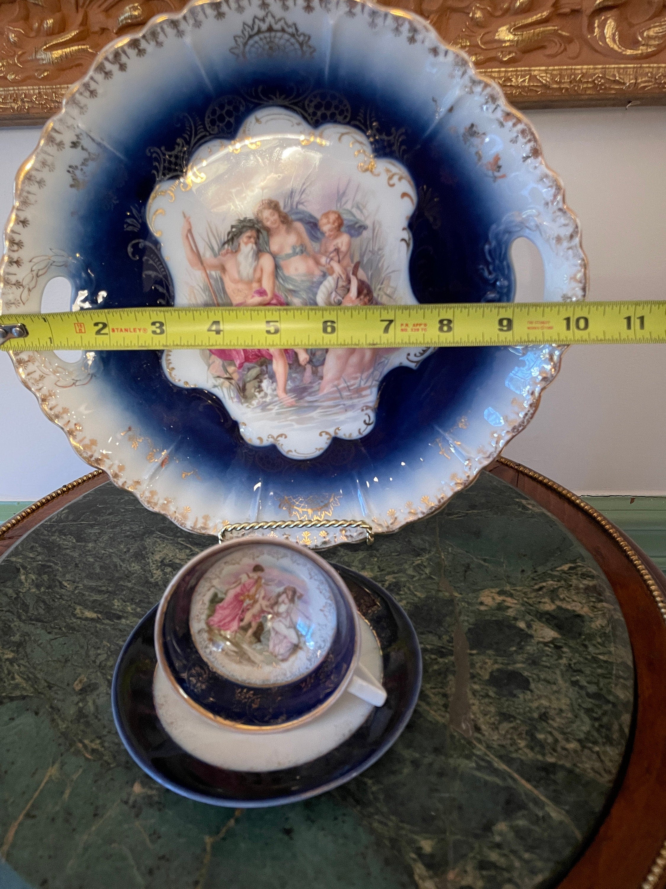 Antique Cobalt Blue Porcelain Tray Tea Cup Saucer Set Mythological Figures Hand Painted Gold Details Rococo Design European Collectible Art