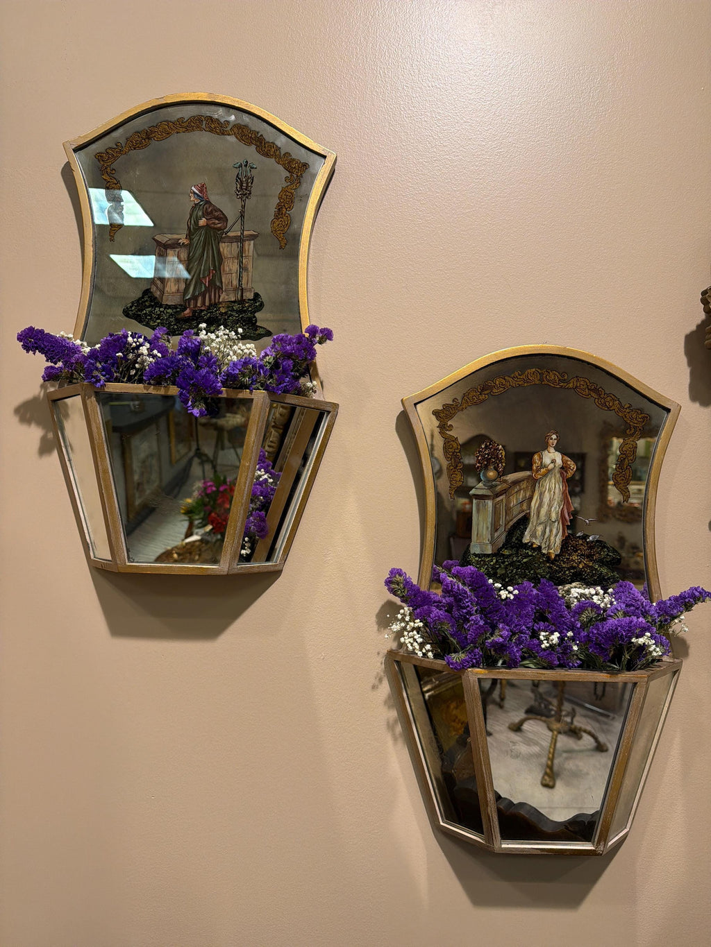 Vintage Italian Hand Painted Reverse Glass Wall Pockets, Gilt Trim Mirror Sconces
