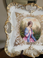 Antique Hand Painted Porcelain Tray Rococo Gold Gilt French Style Victorian Wall Hanging Figurative Decorative Plate Collectible Art Piece