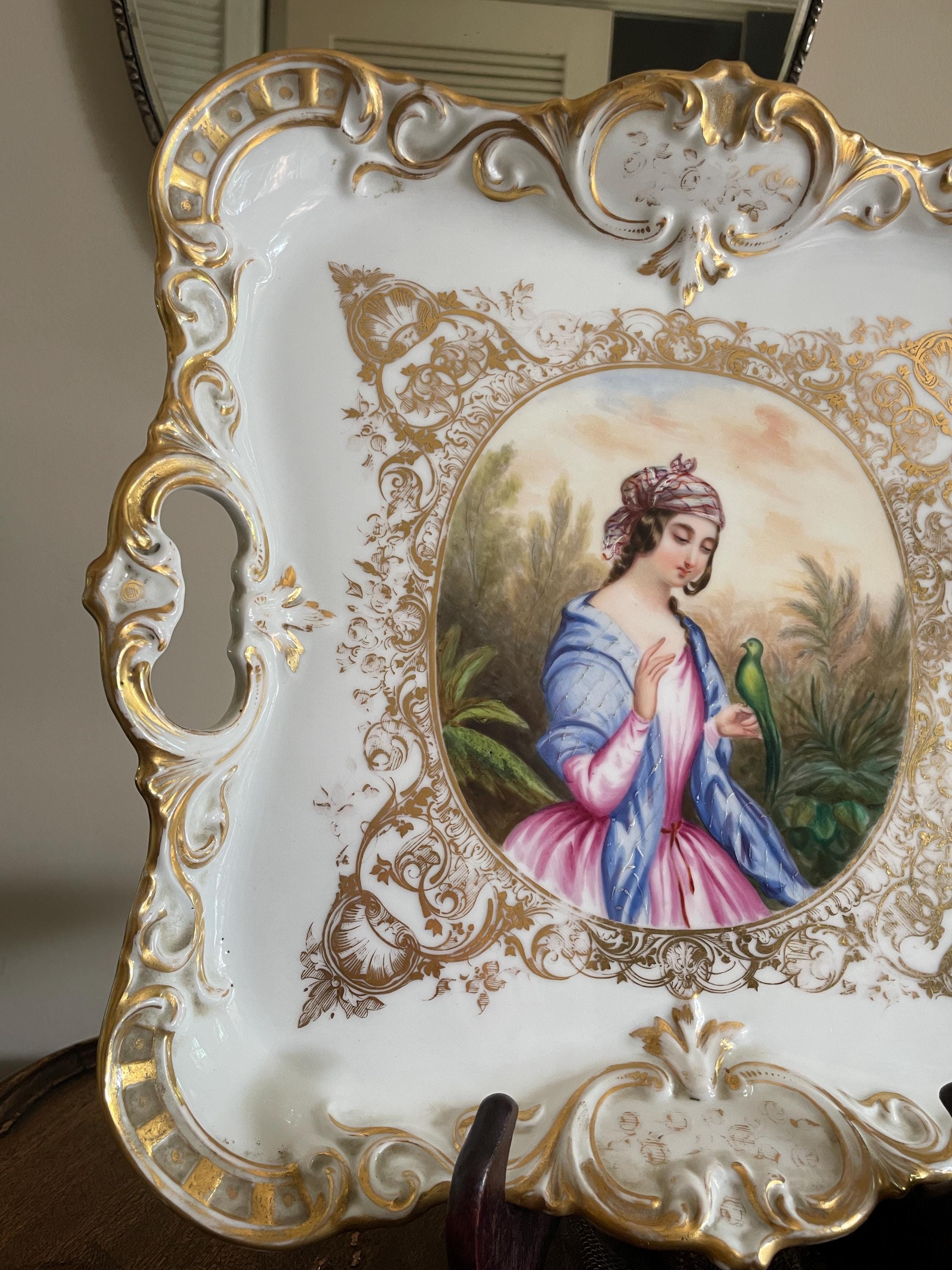 Antique Hand Painted Porcelain Tray Rococo Gold Gilt French Style Victorian Wall Hanging Figurative Decorative Plate Collectible Art Piece
