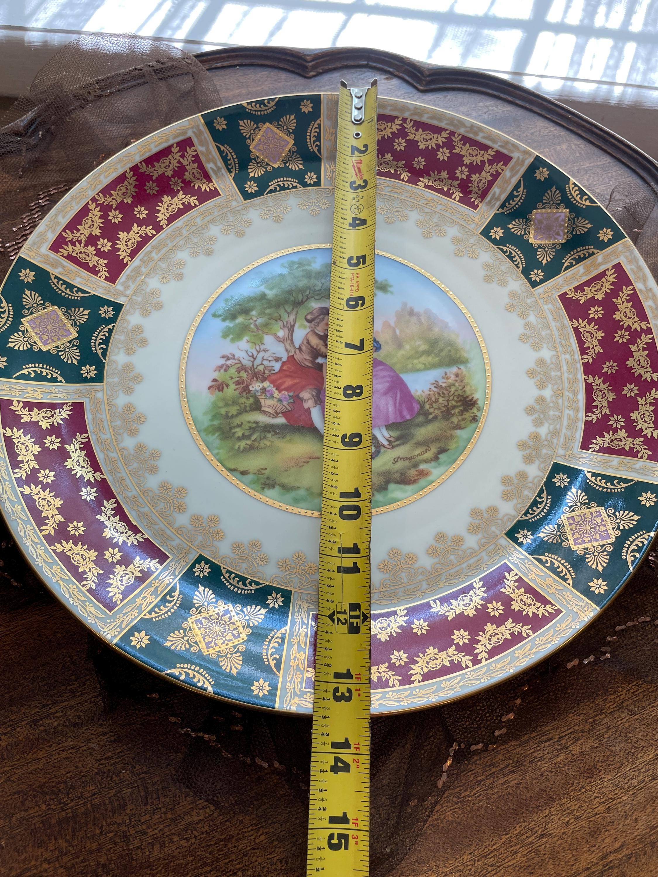 Vintage Decorative Porcelain Plate Vase Set Hand Painted Romantic Couple Scene Gold Accents Burgundy Green Baroque Classical European Style