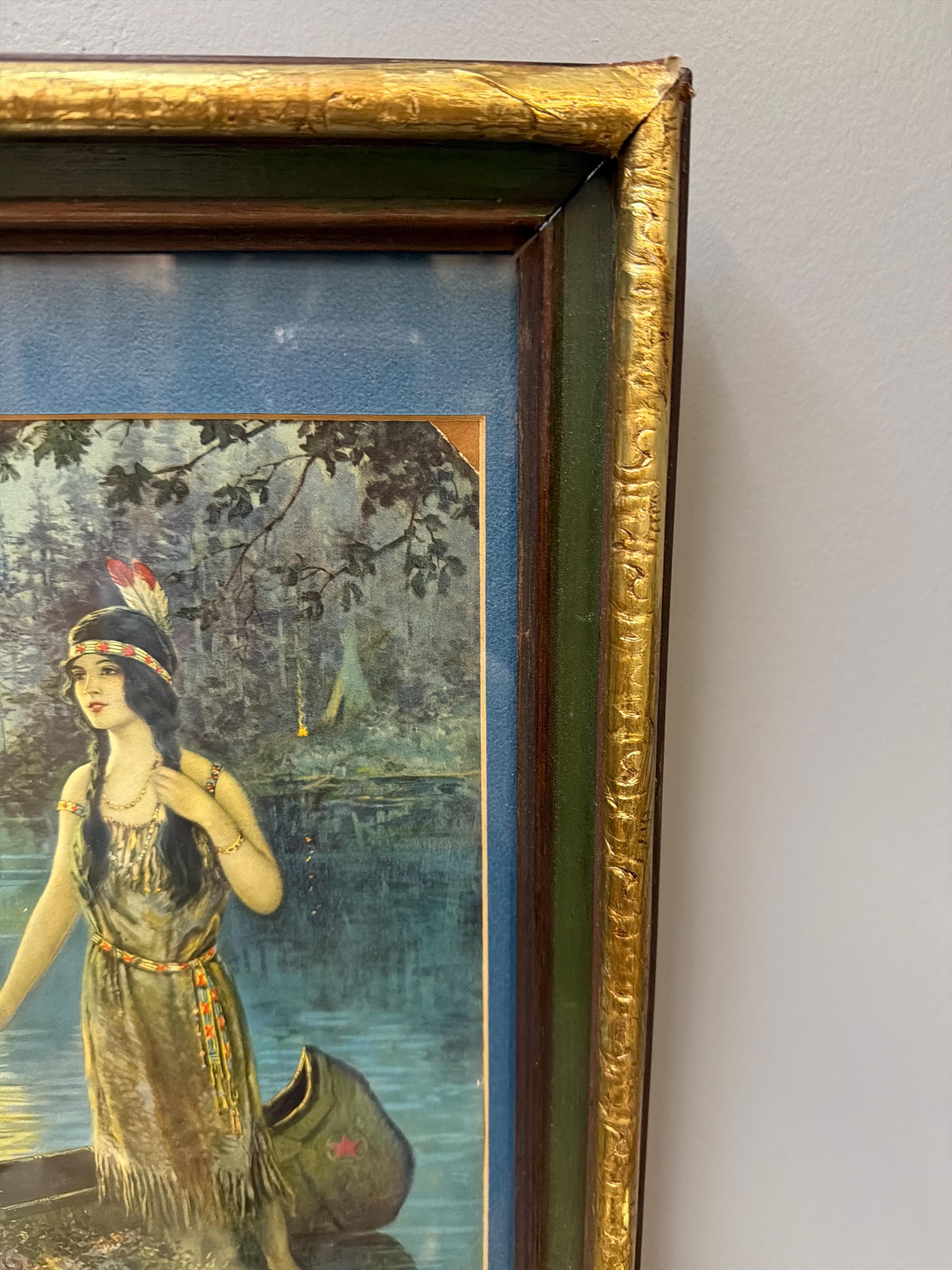Vintage Gilt Wood Framed Native American Maiden Print, Moonlit Lake Canoe Scene, Antique Style Decorative Wall Art