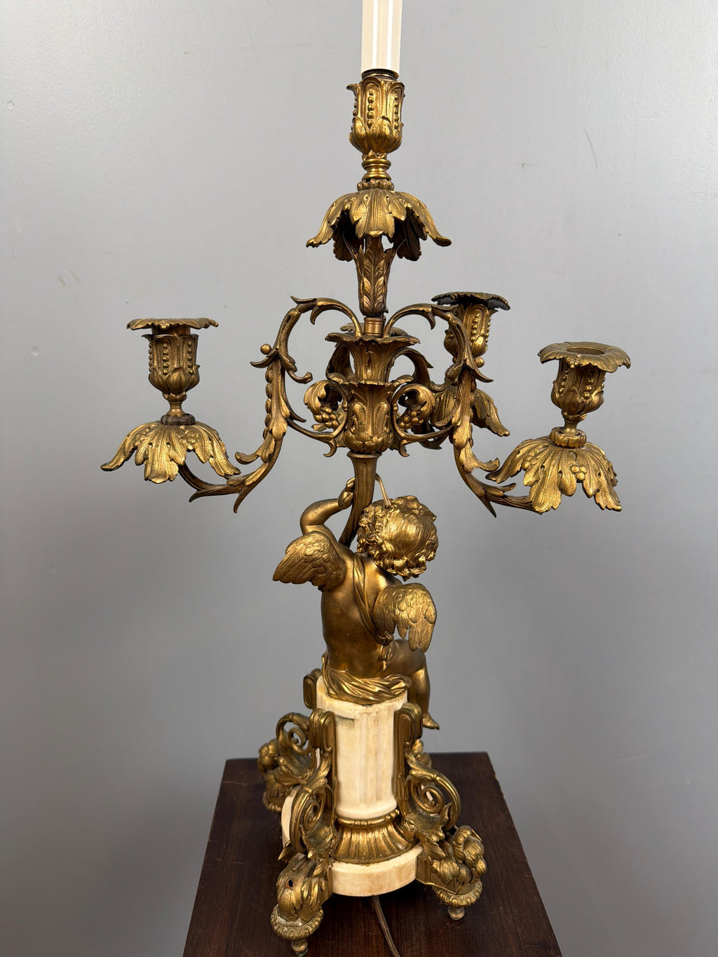 Antique French Ormolu Cherub Candelabra Pair, Gilt Bronze Marble Base Louis XVI Style