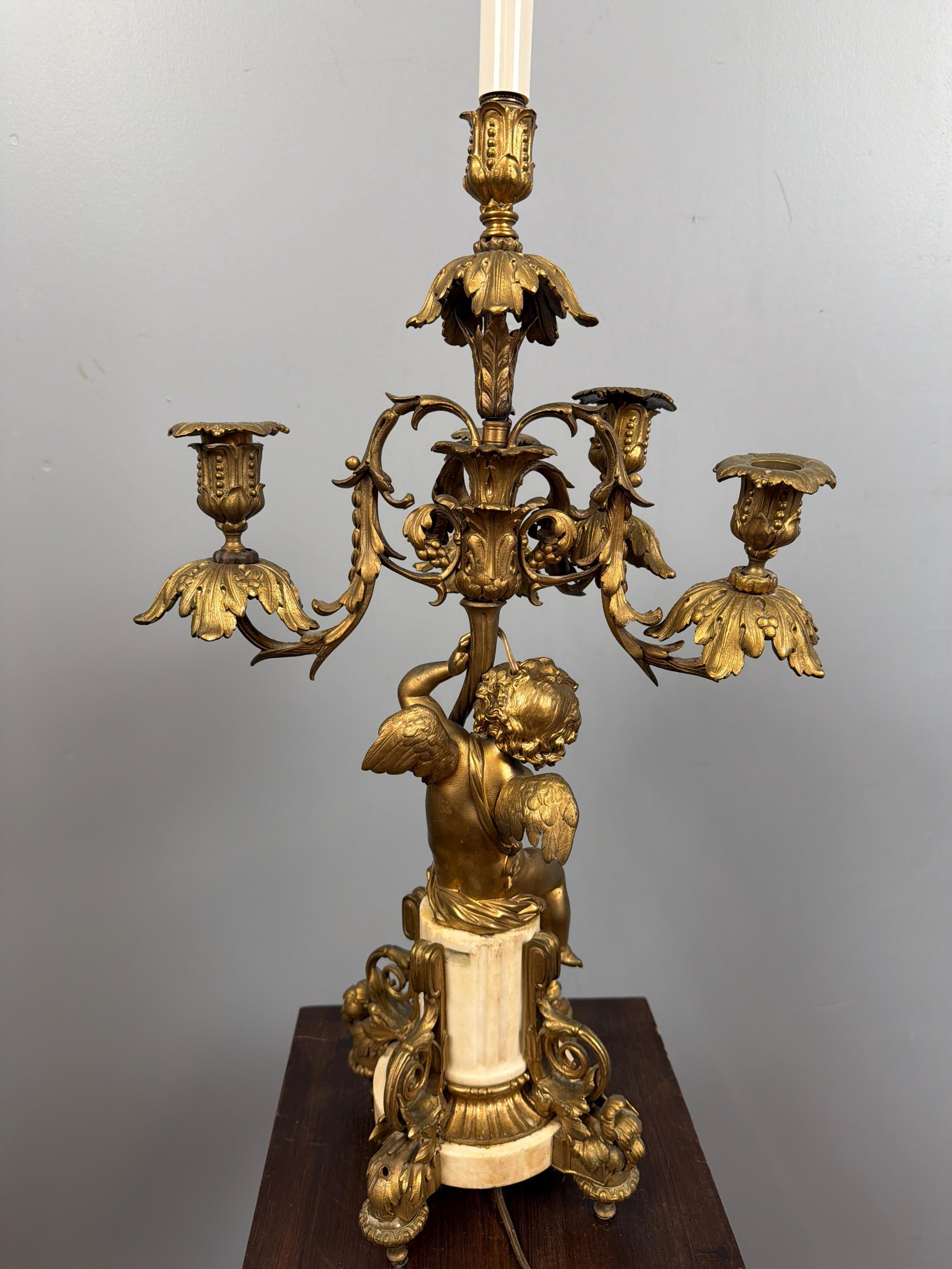 Antique French Ormolu Cherub Candelabra Pair, Gilt Bronze Marble Base Louis XVI Style