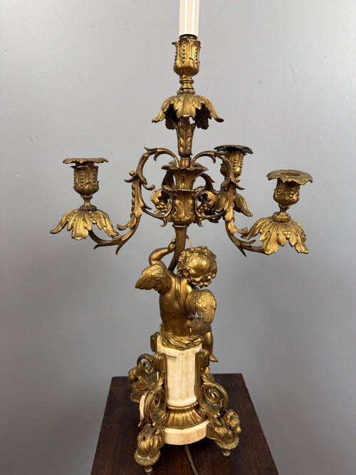 Antique French Ormolu Cherub Candelabra Pair, Gilt Bronze Marble Base Louis XVI Style