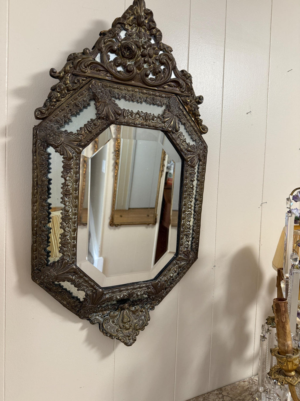 Antique French Bronze Rococo Mirror, Ornate Floral Crest, Beveled Glass