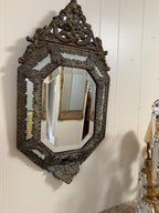 Antique French Bronze Rococo Mirror, Ornate Floral Crest, Beveled Glass
