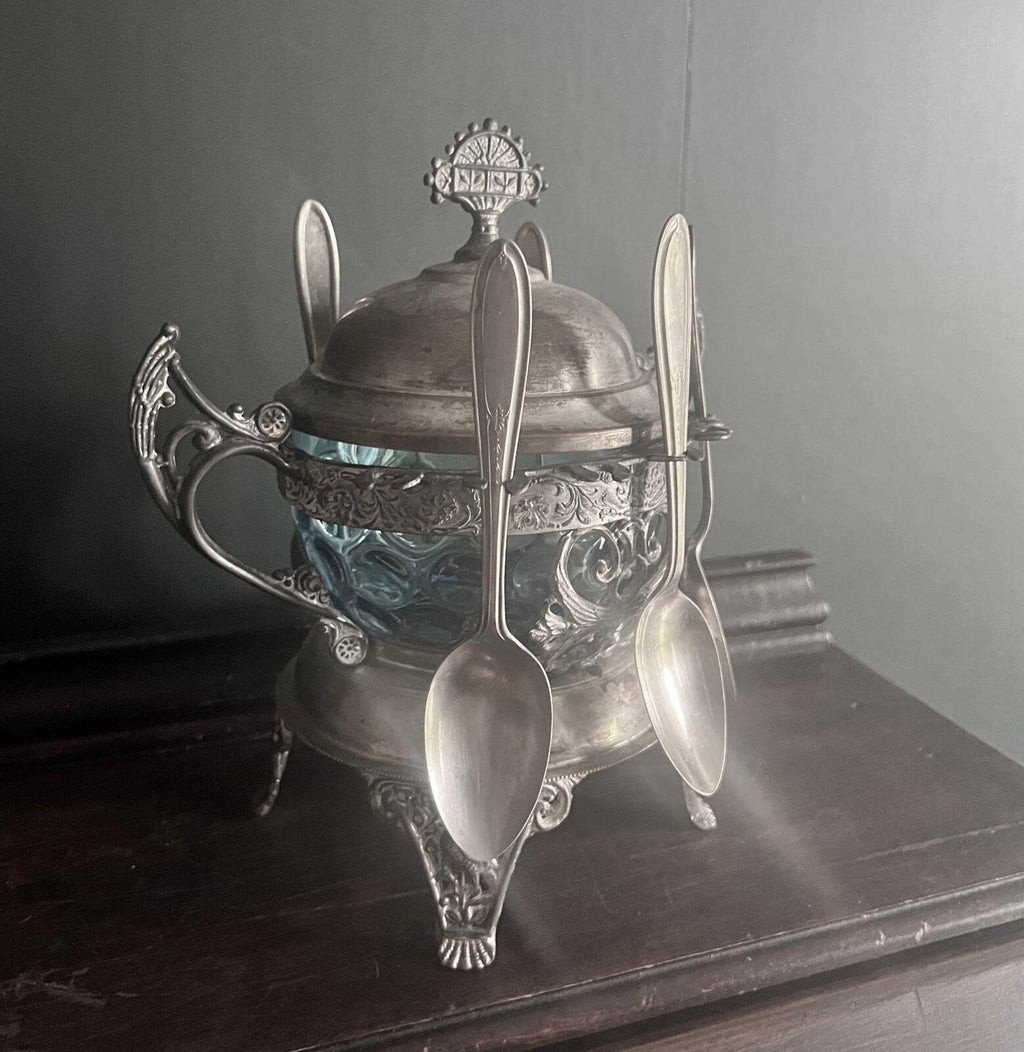 Antique Victorian Silverplate Condiment Holder Set Ornate Blue Glass Bowl Elegant Footed Frame Collectible Centerpiece Spoons Display Decor