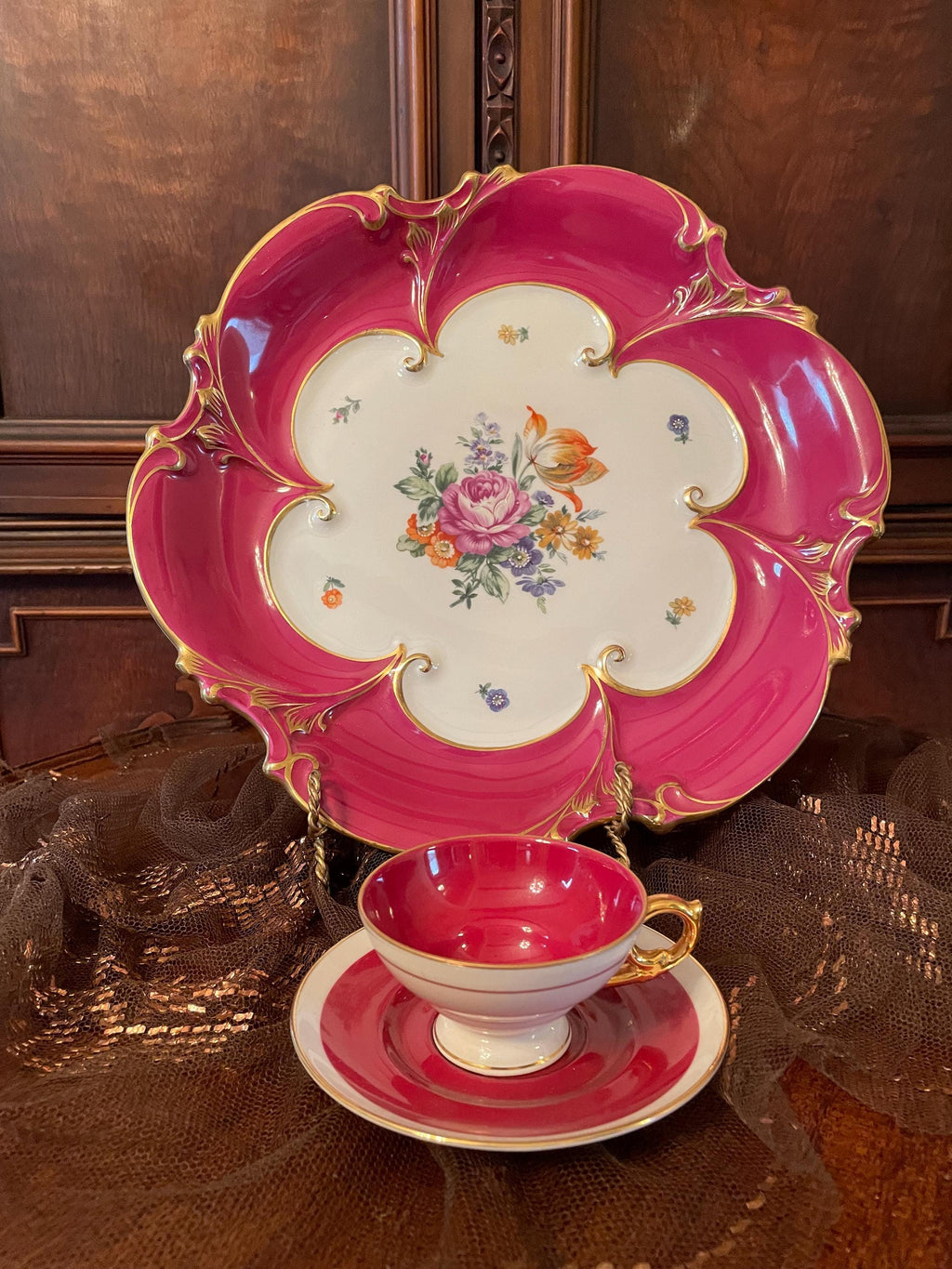 Vintage Hand Porcelain Floral Design Collectible Serving Plate  Matching Cup Saucer.Made in Germany