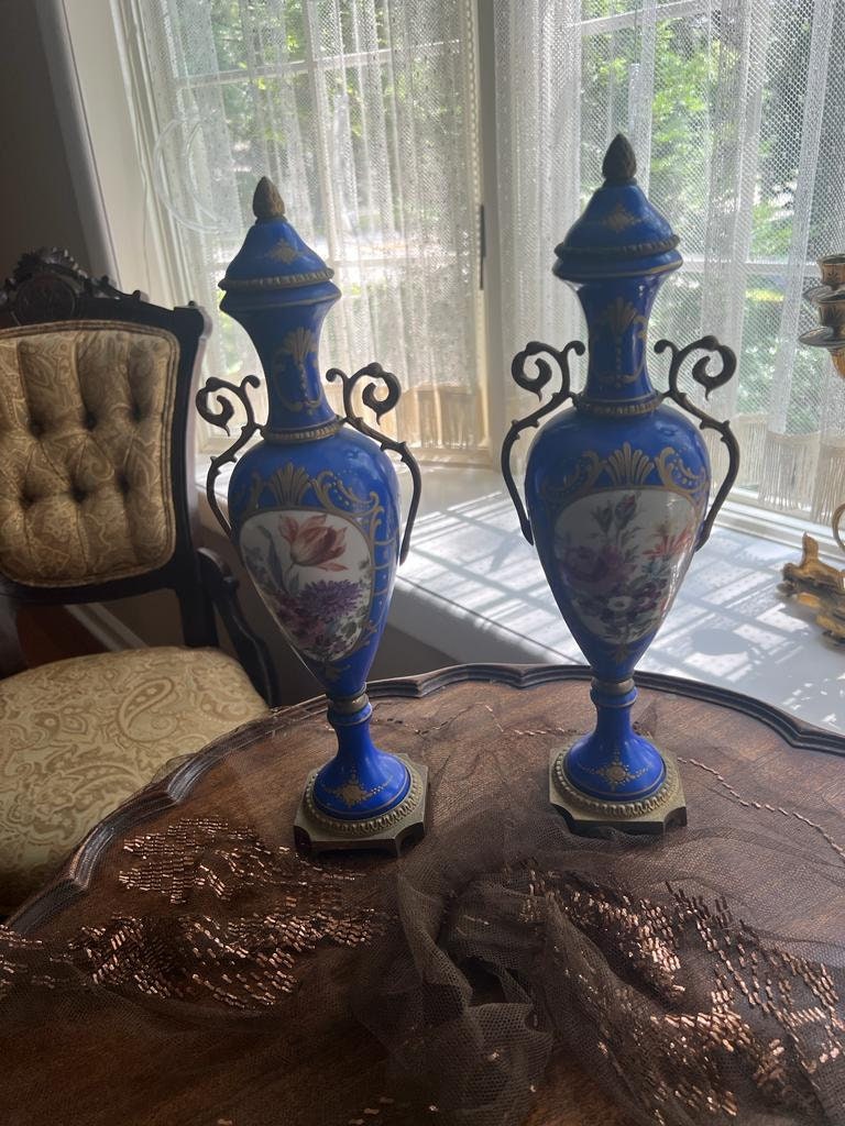 Antique French Cobalt Blue Porcelain Vases Pair Floral Urns Gilt Bronze Handles Victorian Home Decor Elegant Collectible Display Piece
