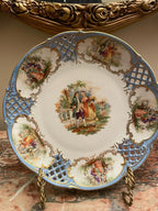 Schumann Arzberg Germany Decorative Plate Rococo Style Blue Reticulated Porcelain Courting Scene Gilded Wall Display Collectible Art