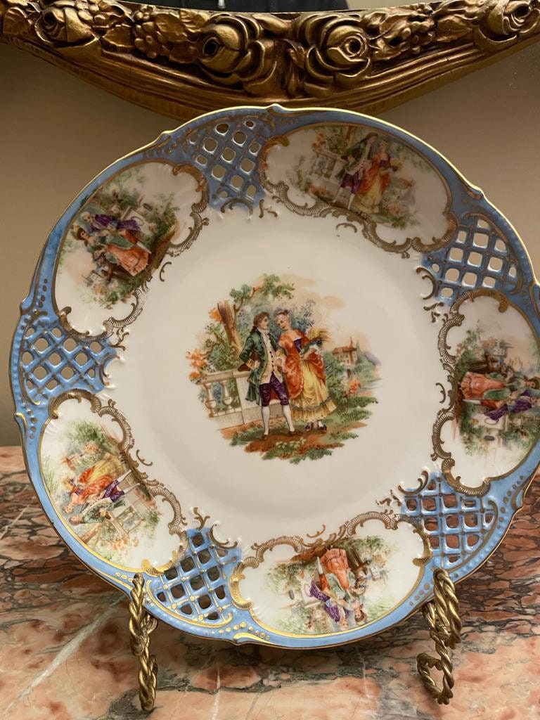 Schumann Arzberg Germany Decorative Plate Rococo Style Blue Reticulated Porcelain Courting Scene Gilded Wall Display Collectible Art