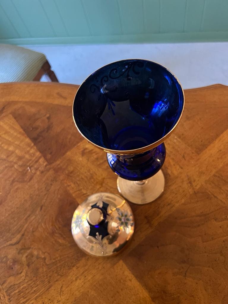 Vintage Cobalt Blue Bohemian Glass Goblet Lidded Container Gold Enamel Floral Accent Elegant Tall Barware Display Collectible Decoration