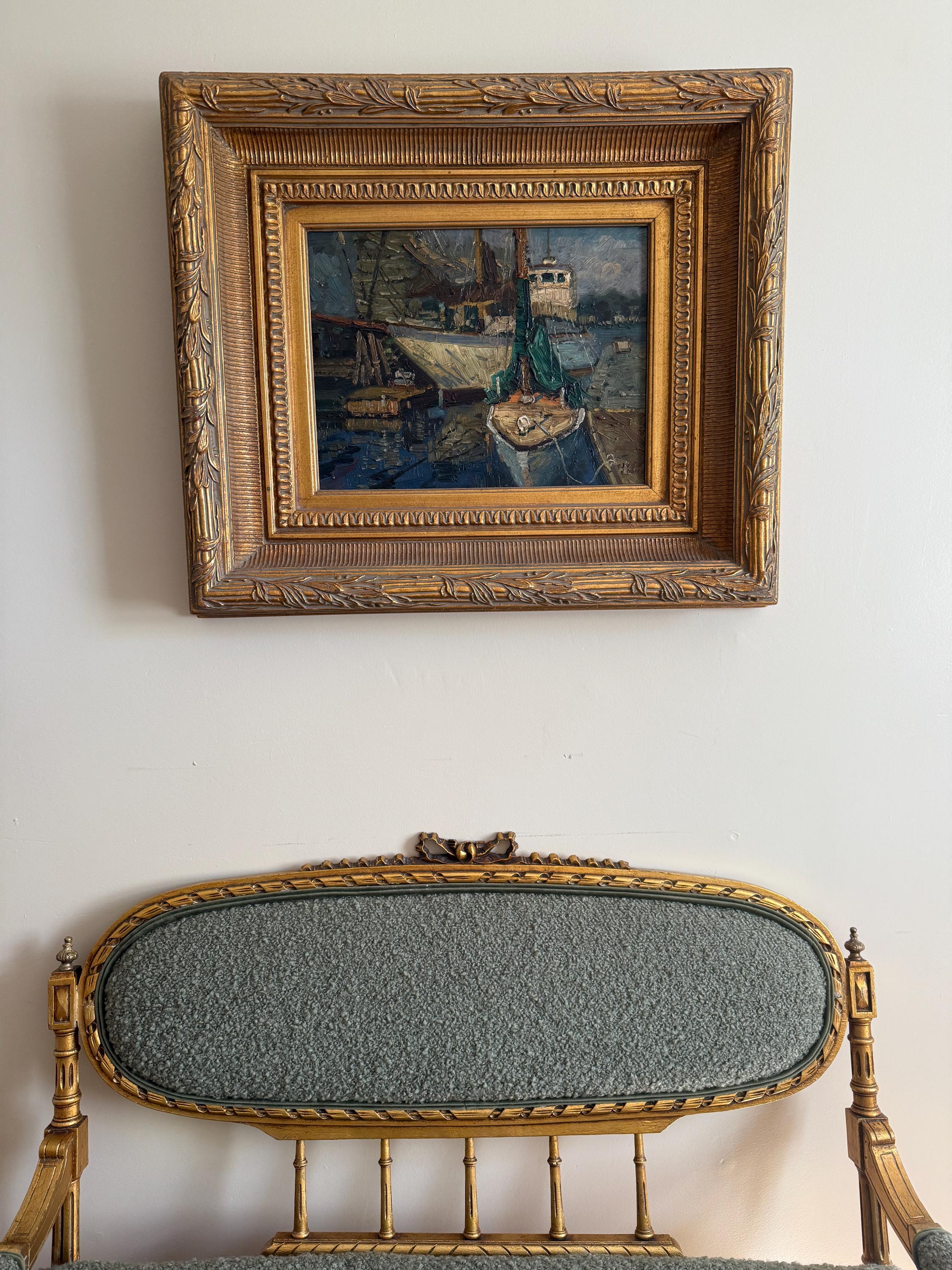 Original Oil Painting Boats Harbor Scene Nautical Marine Seascape Artwork Framed Impressionist Style Signed Vintage Coastal Decoration