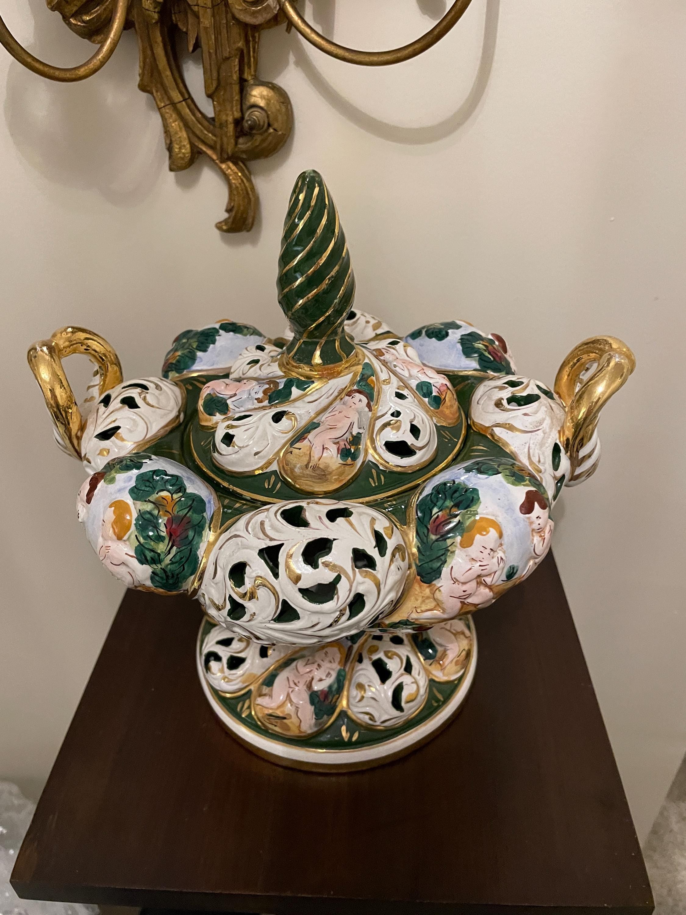 Vintage Italian Handcrafted Ceramic Sugar Bowl Ornate Baroque Design Cherub Motifs Gold Accents Floral Details Collectible Home Decor