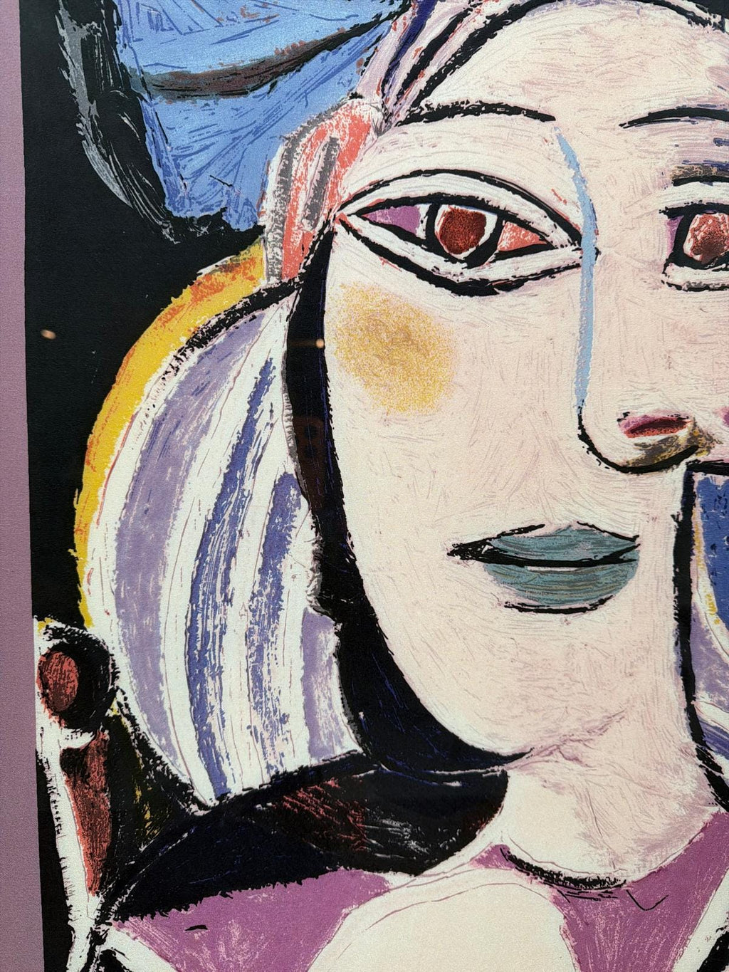 Cubist Silk Artwork Framed Under Glass – Signed Picasso Style Portrait in Gold Frame 36"36"
