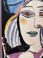 Cubist Silk Artwork Framed Under Glass – Signed Picasso Style Portrait in Gold Frame 36"36"