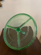 Vintage Green Glass Divided Serving Tray Elegant Round Centerpiece Handle Design Etched Laurel Pattern Entertaining Tableware Serving Dish