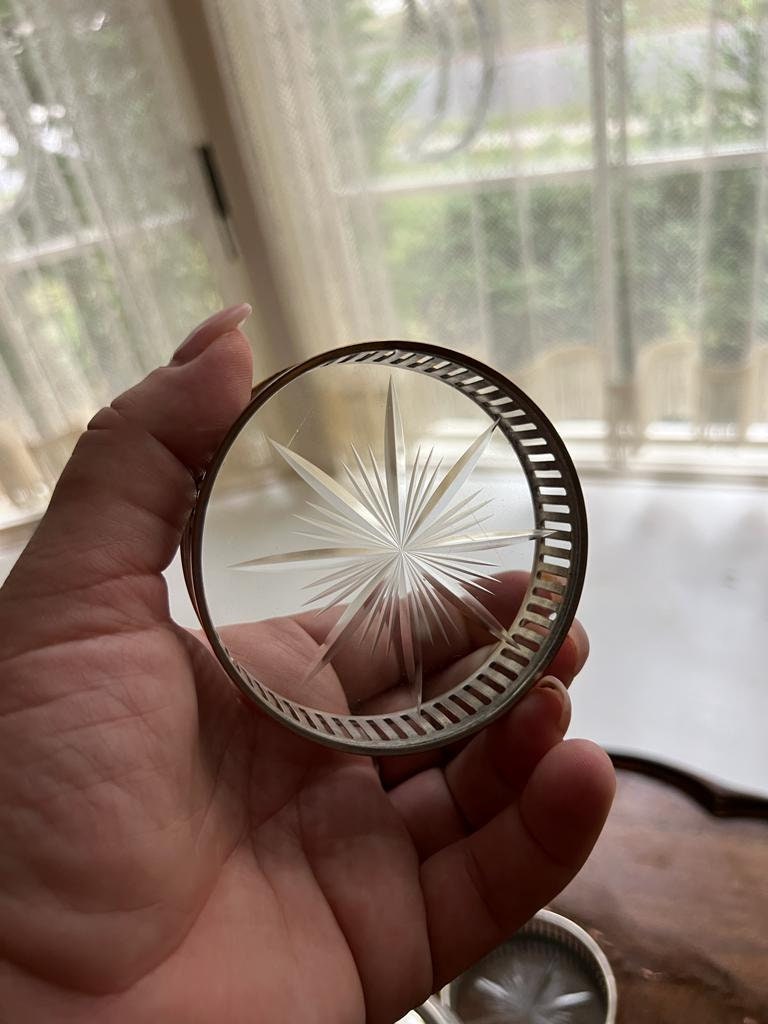 Vintage Silver Rim Glass Coasters Set Of Five Plus Etched Glass Sugar Jar With Lid Spoon Elegant Barware Tea Party Table Decoration Unique