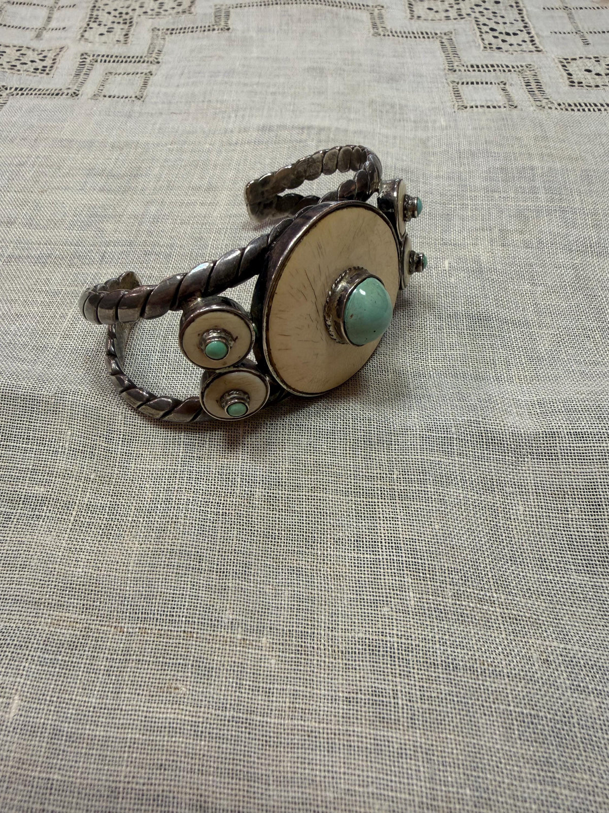 Vintage Southwestern Style Turquoise Cuff Bracelet Bone Inlay Silver Tone