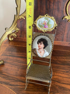 Antique Miniature Bronze Rocking Chair Portrait Enamel Backrest Ornate Victorian Display Chair Rare Collectible Home Decoration Piece