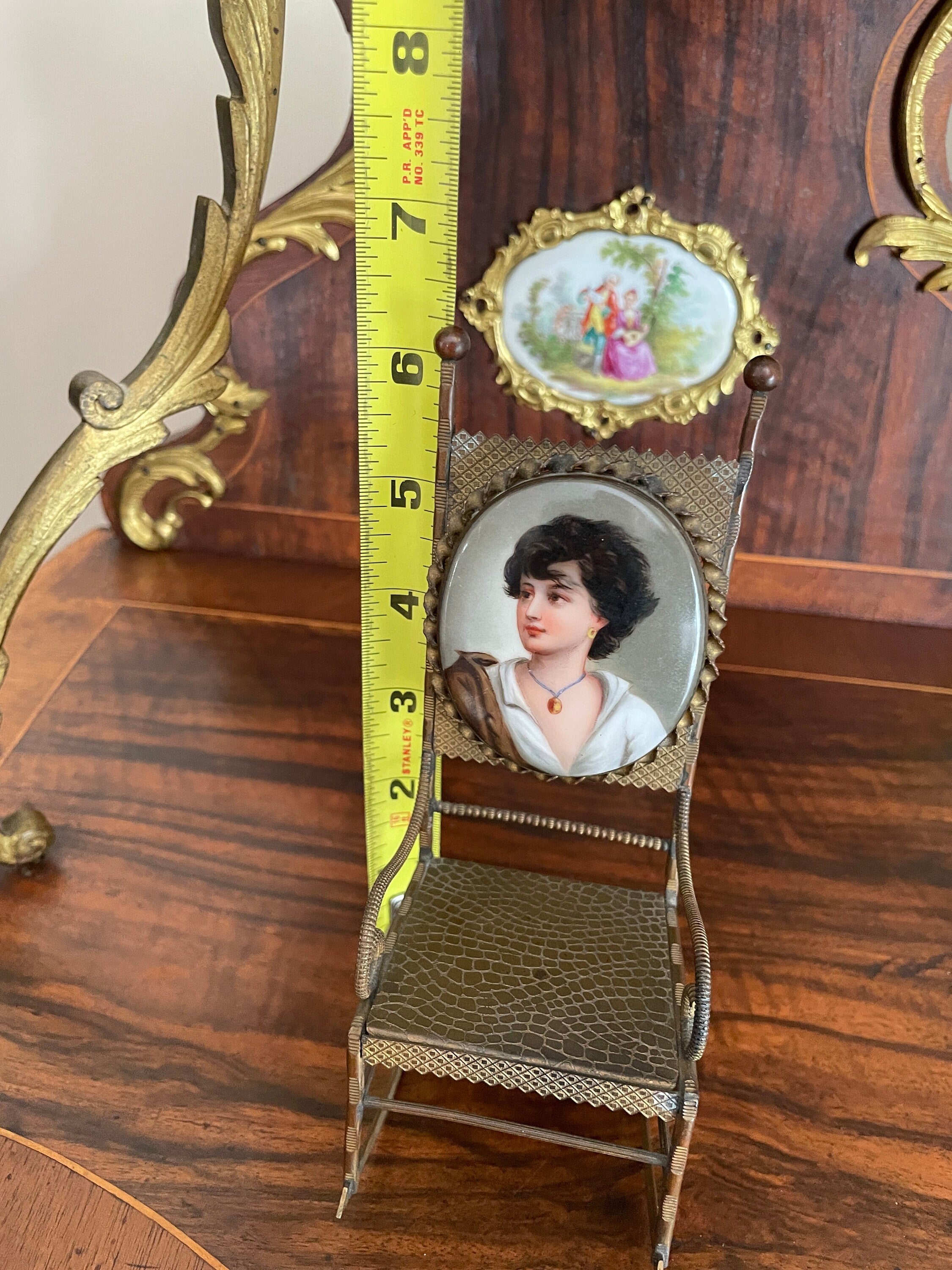 Antique Miniature Bronze Rocking Chair Portrait Enamel Backrest Ornate Victorian Display Chair Rare Collectible Home Decoration Piece