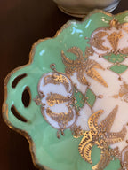 Antique Green Gold Porcelain Bowl Set Hand Painted Scalloped Edge Plates Mid-Century Serving Dish Tableware Sauce Serving Bowl Home Decor