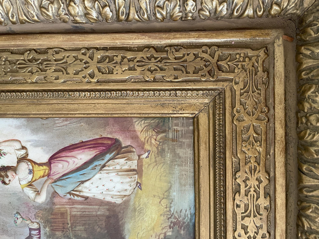 Antique Hand-Painted Romantic Scene Ornate Gold Gilt Frame 19th Century Wall Art Original Artwork Antique European Style Collectible Art