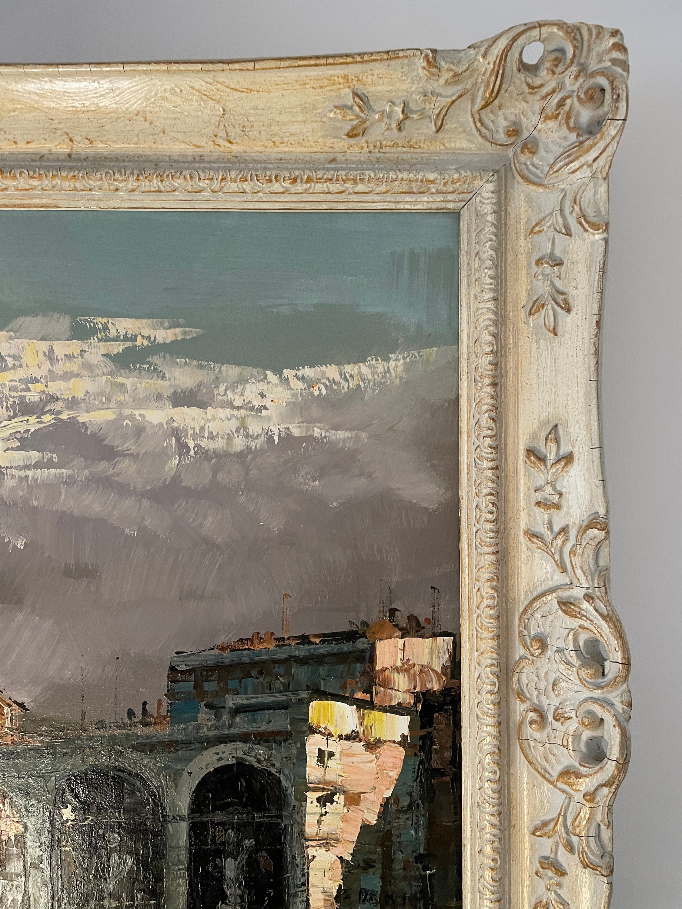 Original Oil Painting Cityscape by Gabell Framed Textured Artwork Antique Style Italian Architecture Large Wall Art Vintage Decoration Piece