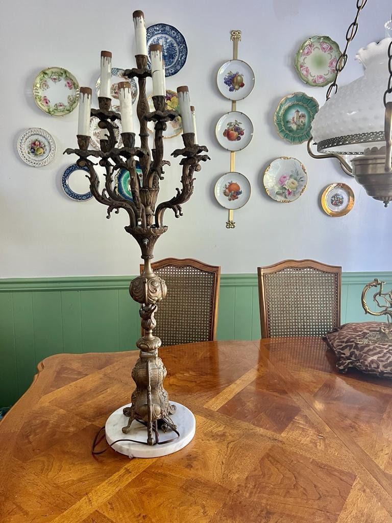 1800s Antique Gilt Ornate Brass 9 Light Italian Candelabra Electrified on Marble Stand