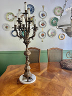 1800s Antique Gilt Ornate Brass 9 Light Italian Candelabra Electrified on Marble Stand